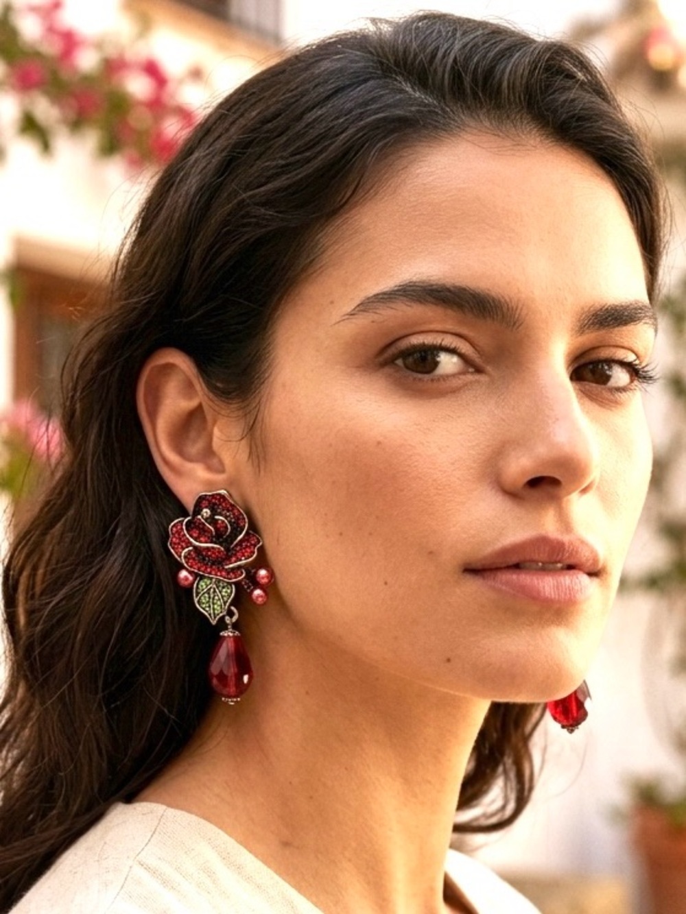Red Rose Earrings Vintage Style Flower Rhinestone Bead Flamenco Jewelry Gift NEW - Picture 3 of 12